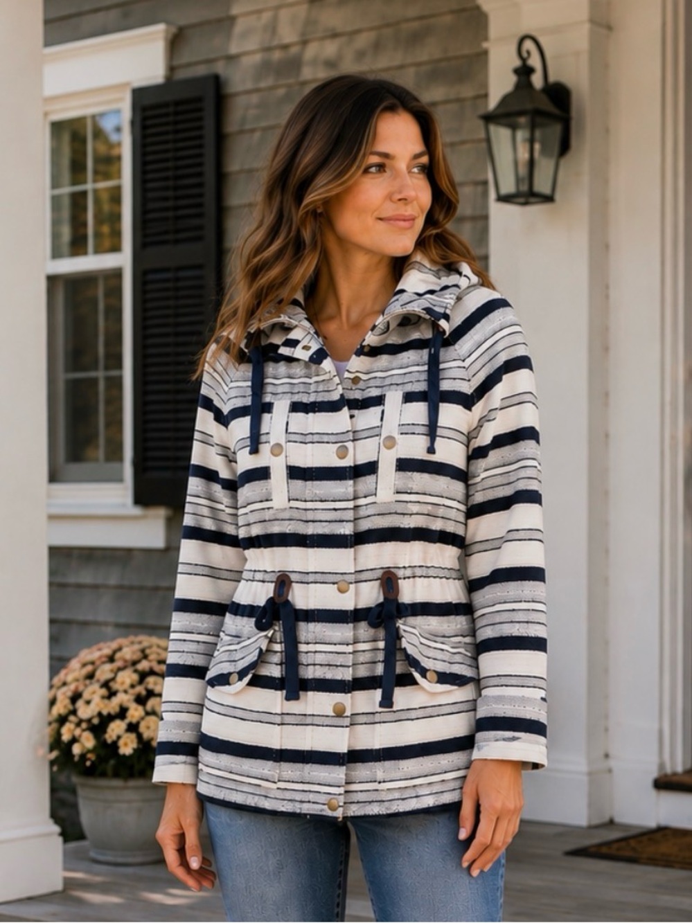 LOFT Striped Knit Utility Jacket Navy Cream Anorak Coastal Preppy XS